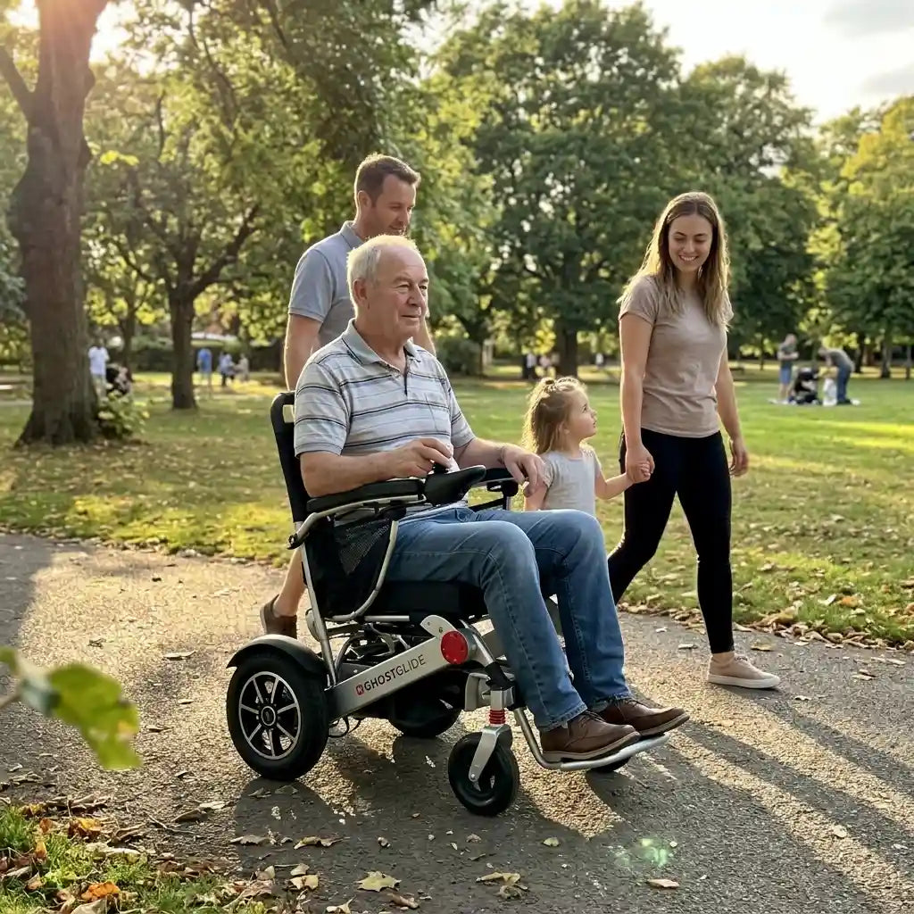 Senior man using Ghost Glide power chair at the park with family